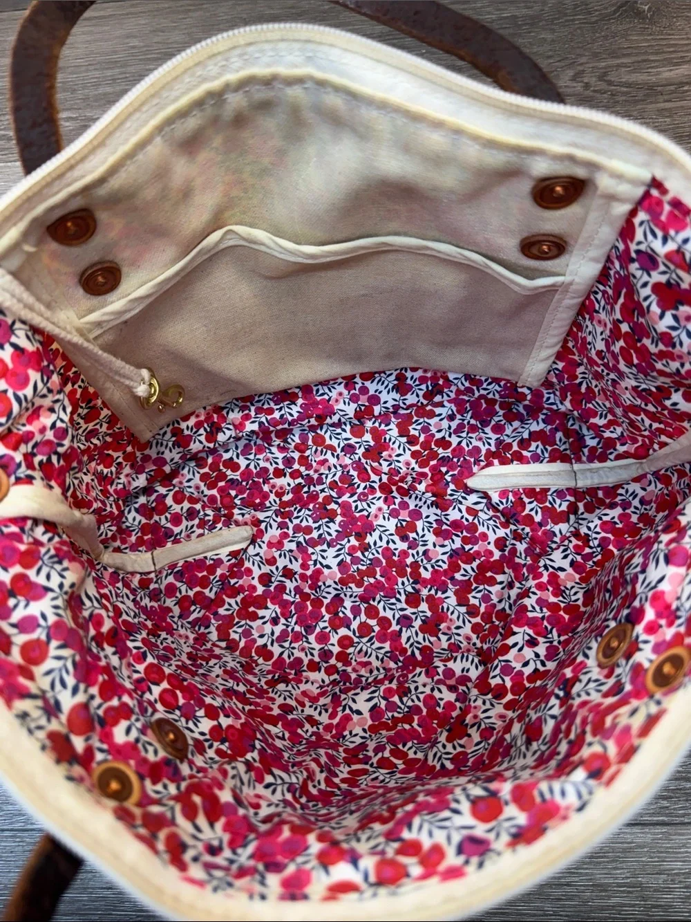 Meanwhile Canvas Shoulder Bag with Brown Leather Trim - Cream